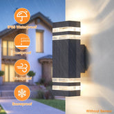 Outdoor wall light fixture with waterproof, rustproof, windproof, and snowproof features on a house exterior.